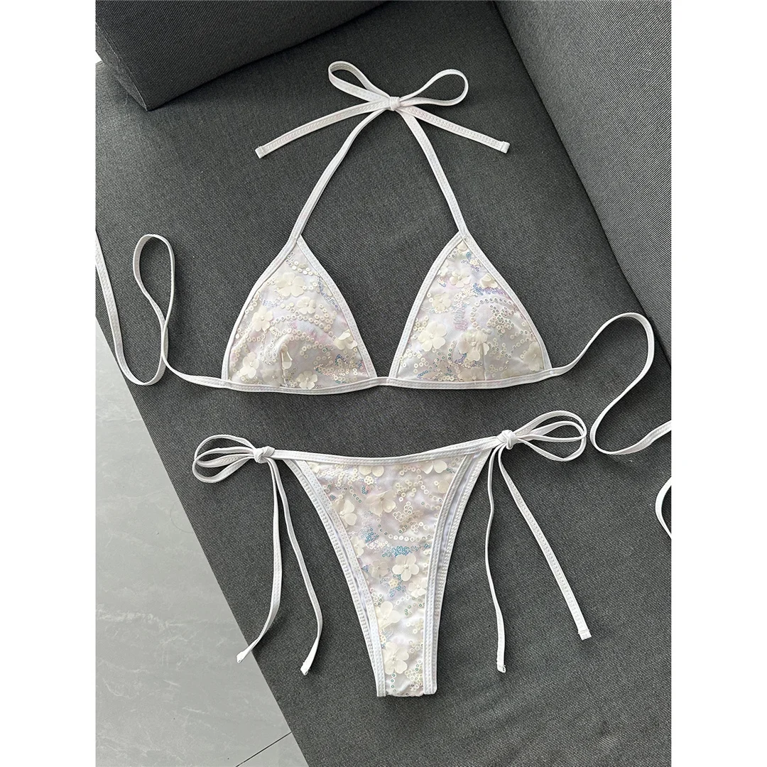 Bedruckter Bikini mit Pailletten, Neckholder-Design, Damen-Badebekleidung, zweiteiliger Bikini, hoher Beinausschnitt, Badeanzug, Badebekleidung, Modell V8237. – Detail 8