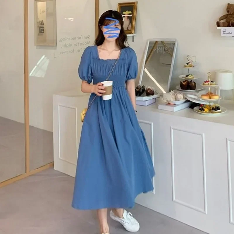 Vestido de fiesta para mujer a media pantorrilla dulce moda manga abombada túnica señora vacaciones Chic Vestidos chica sólido encantador Casual Ins estilo coreano