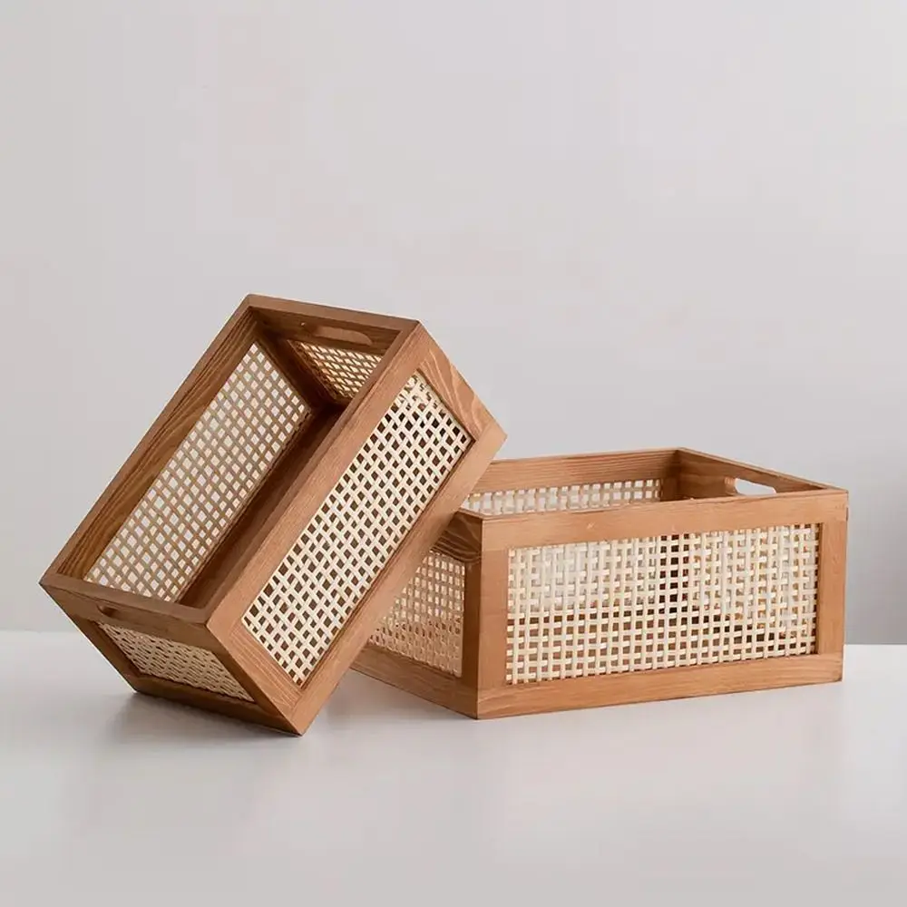 

Multifunction Retro Rattan Storage Box Solid Wood Desktop Storage Basket Snacks Fruit Cosmetics Organizer Boxes Household