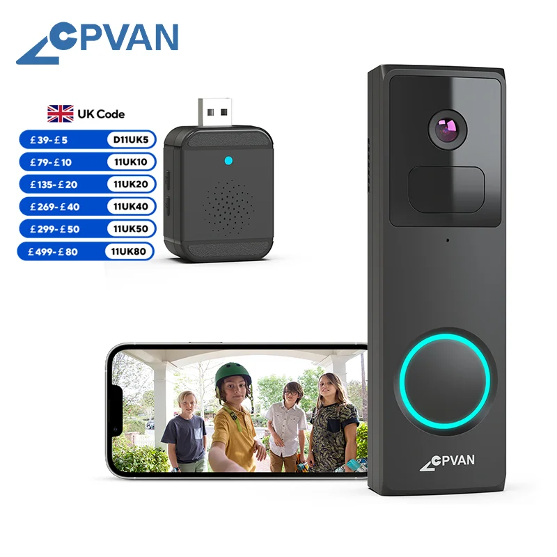 CPVAN-Sonnette vidéo WiFi 2.4G sans fil, caméra HD 1080P, sonnette de porte avec AI Smart, caméra de sécurité étanche à vision nocturne