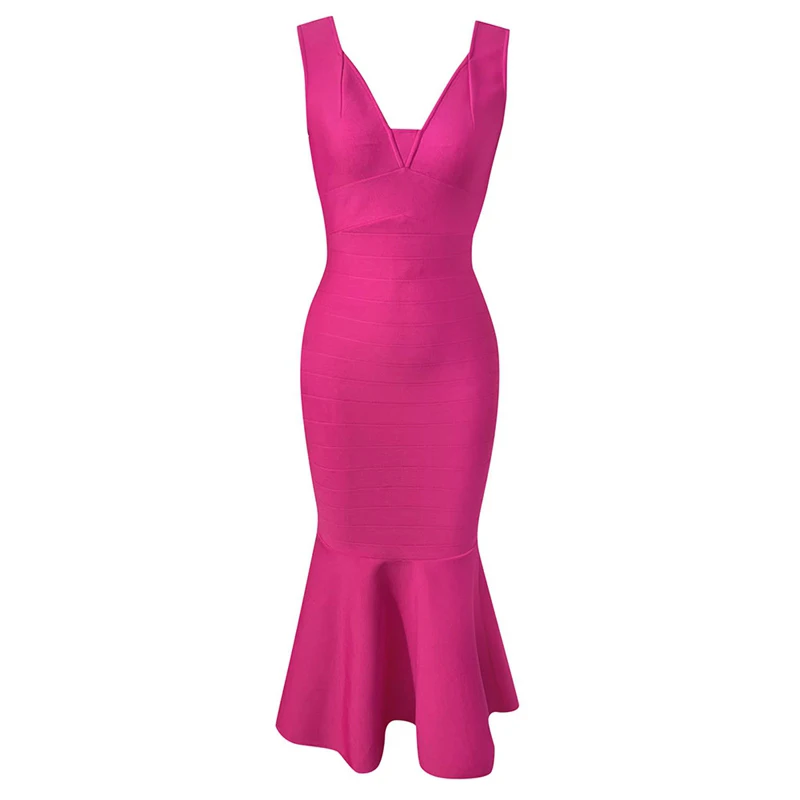 MSMUSI-vestido Midi ajustado sin mangas para mujer, prenda Sexy con cuello de pico, volantes, drapeado, vendaje, Bodycon, fiesta, evento, Club, 2024