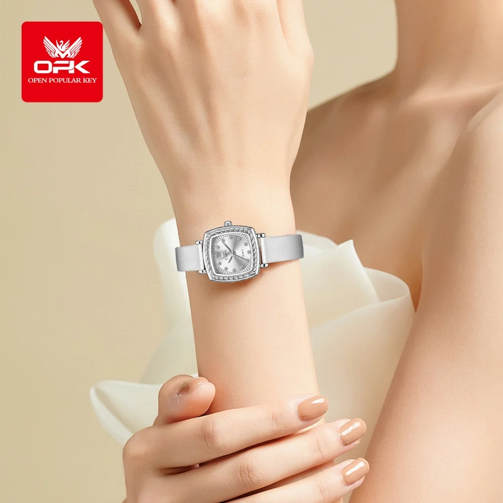 OPK 6061 ساعة كوارتز أنيقة للسيدات بحزام جلدي ومقياس ألماس مقاومة للماء للسيدات