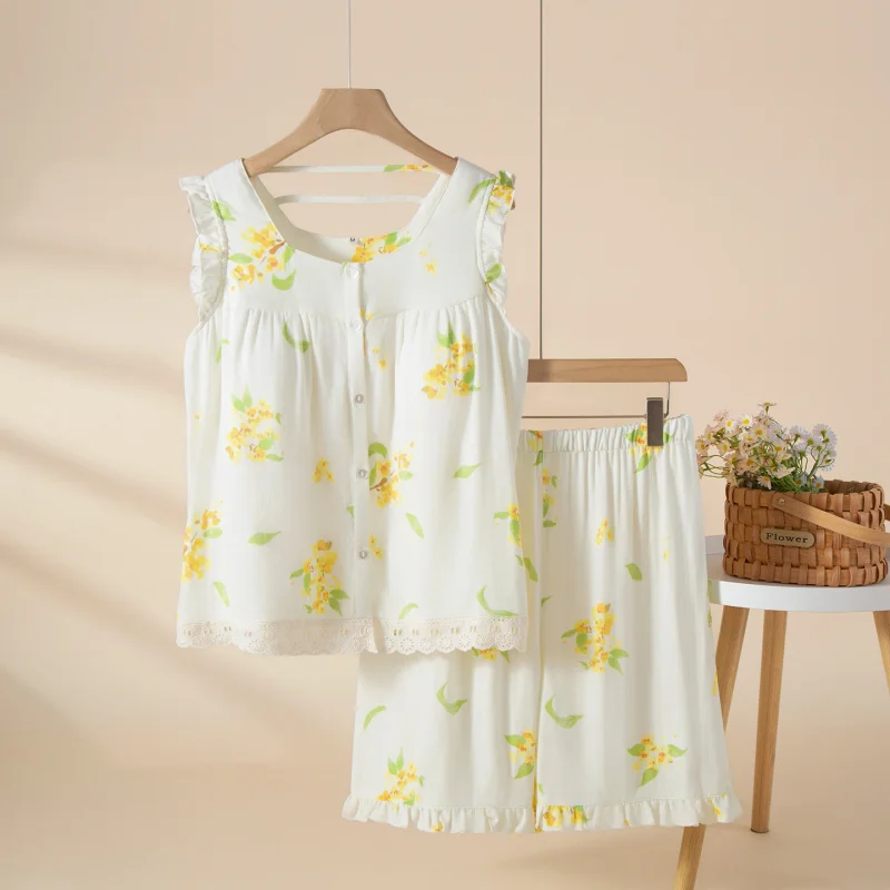 

2pcs Women's Pajama Set Casual Simple Style Bamboo Cotton Flutter Sleeve Shorts Built-in Bra Seamless Skin-friendly Lightweight