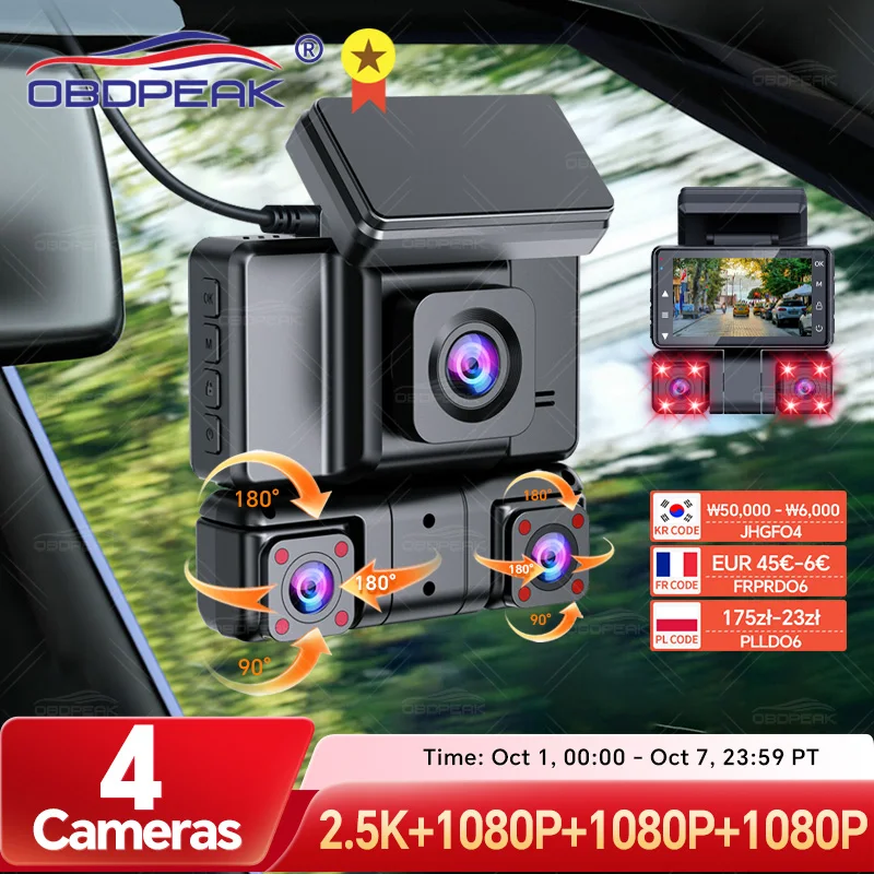 OBDPEAK M65 Car DVR 4 Channel 360° Dash Cam Infrared Front Rear Inside WIFI GPS Dash Camera for Cars 2.5K+1K+1K+1K Parking Mode