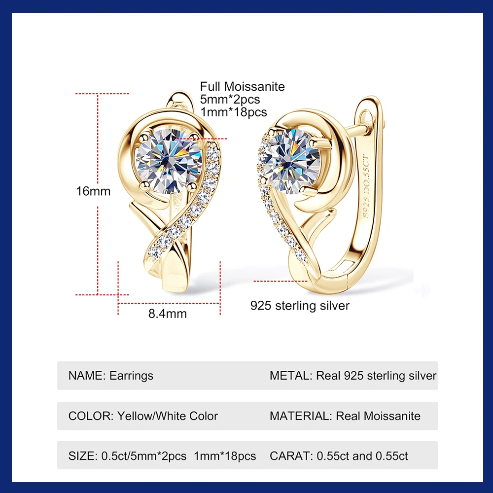 Sweetrain Original 925 Sterling Silver Moissanite Hoop Earrings 5mm D VVS1 Round Cut Plated 18k Gold Diamond Wedding Earring