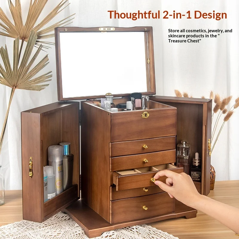 Solid Wood Large Capacity Multi-Layer Locking Jewelry Box with High-End Design