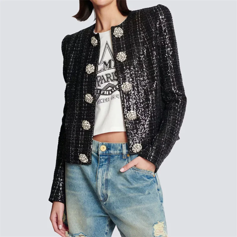 Women\'s jacket 2024 Autumn New Fashionable Crystal Button Decorative Women\'s Coat High quality sequin blended long sleeved top