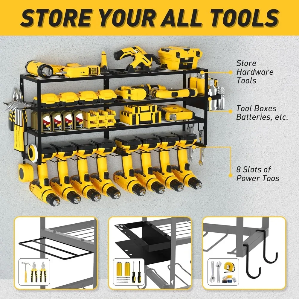 Power Tool Organizer - 8 Drill Holder Wall Mount, 4 Layer Heavy Duty Metal Power Tool Rack, Garage Tool Organizer