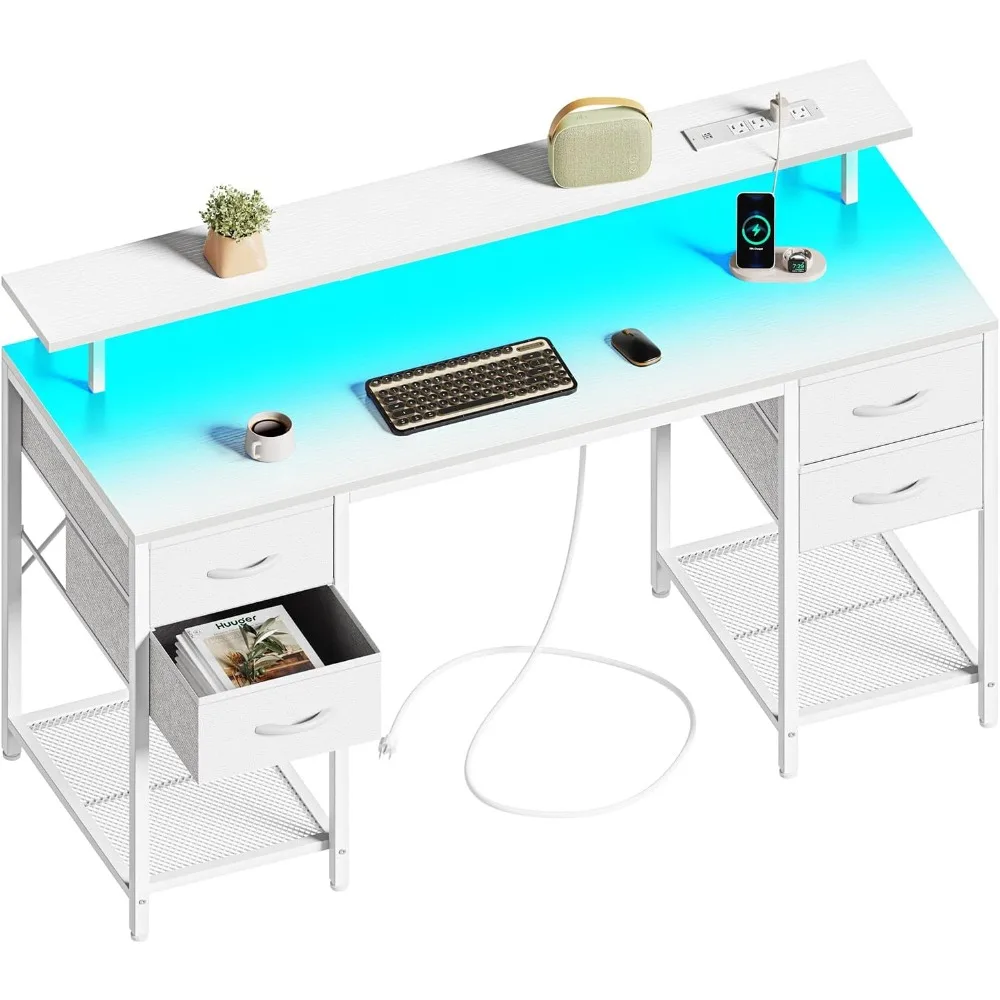 

55 Inch Computer Desk with 4 Drawers, Gaming Desk with LED Lights & Power Outlets, Home Office Desk with Large Storage Space