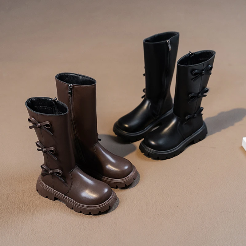 

2025 New Children Knee Length Boots Autumn Girls Princess Boots Kids Zipper Comfortable Non Slip Bowknot Long Boots