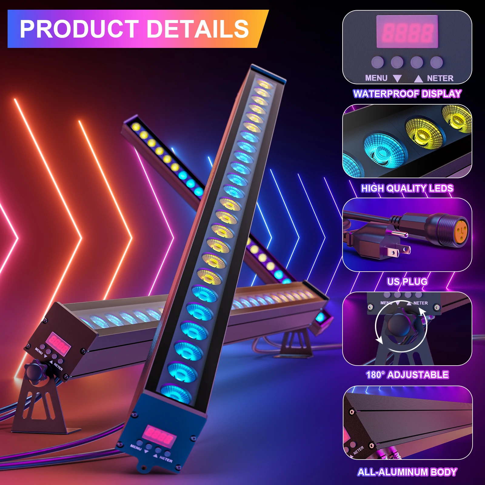 Fieryzeal 4 قطعة 120 واط أضواء غسالة الجدار المقاومة للماء IP65 24 المصابيح RGB جدار غسل ضوء بار للمبنى في الهواء الطلق أضواء الشمس الزفاف