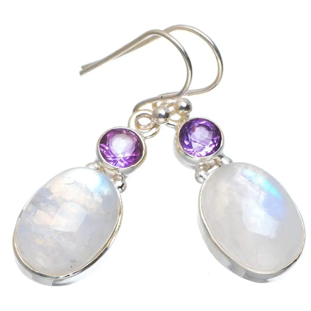

StarGems® Natural Rainbow Moonstone and Amethyst Handmade Unique 925 Sterling Silver Earrings 1.5" A2183