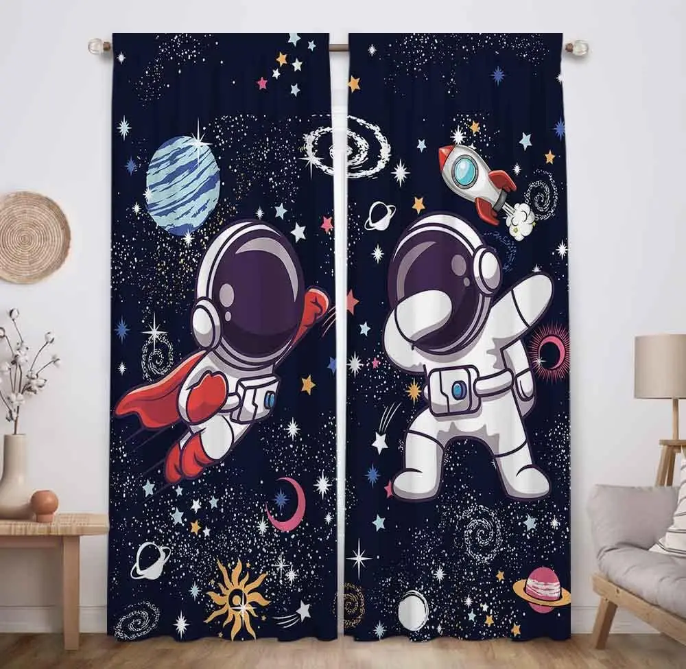 Space Astronaut Planet Curtains, Cosmic Rocket Shuttle Print Rod Pocket Darkening Drapes for Boys Kids Bedroom Living Room Home