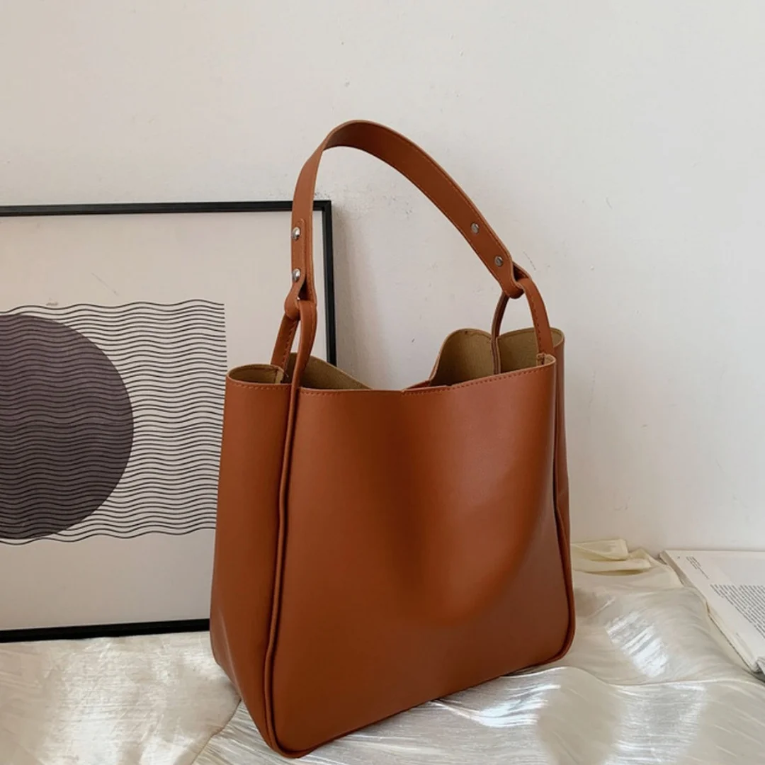 Vintage Solid Color Women Handbags Large Capacity PU Leather Bucket Bag Soft Single Strap Shoulder Bag Shopping Travel Bags