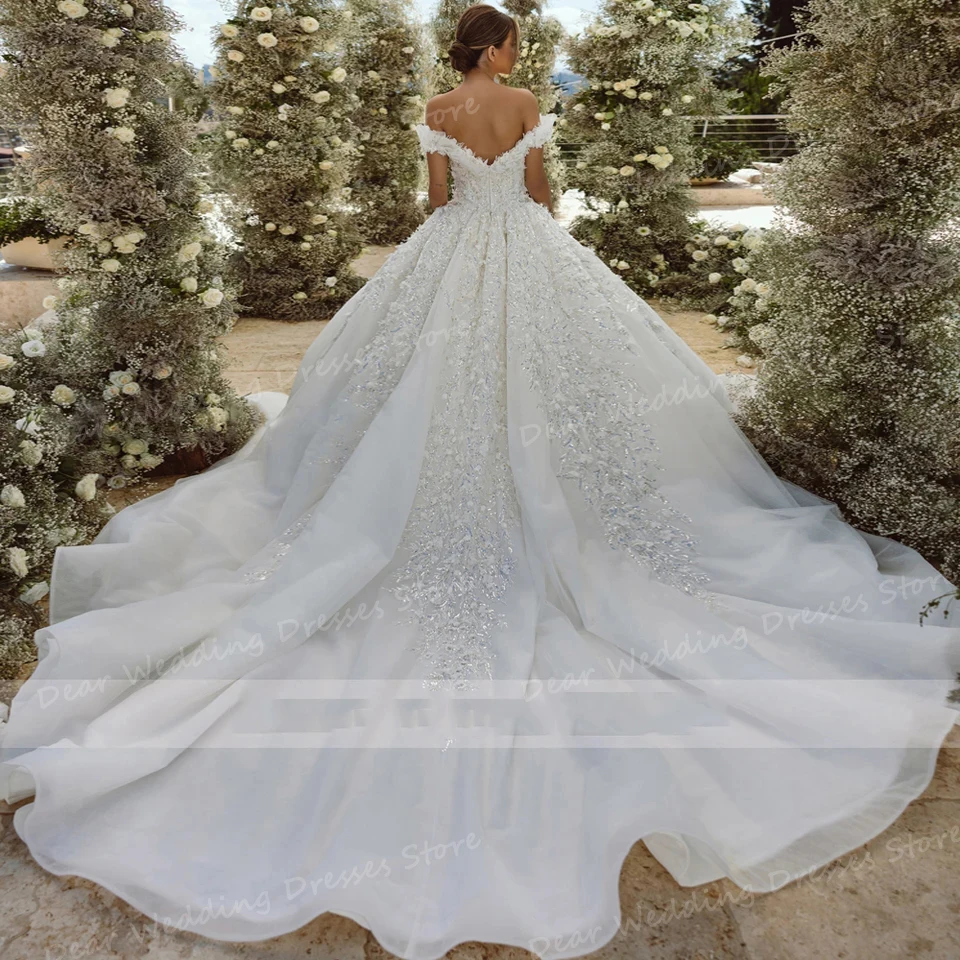 Gentle Appliques Wedding Dresses Women\'s A Line Sexy Off Shoulder Sweetheart Backless Bridal Gowns Formal Sweep Train Customized