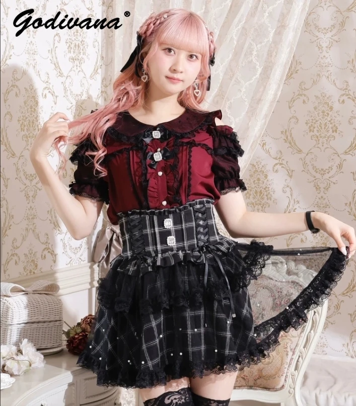 

Japanese Mine Mass-produced Lace Splicing Hollow Out Short Sleeve Shirt Girls Women's Sweet Lace Edge Bow Lolita Blouse Tops