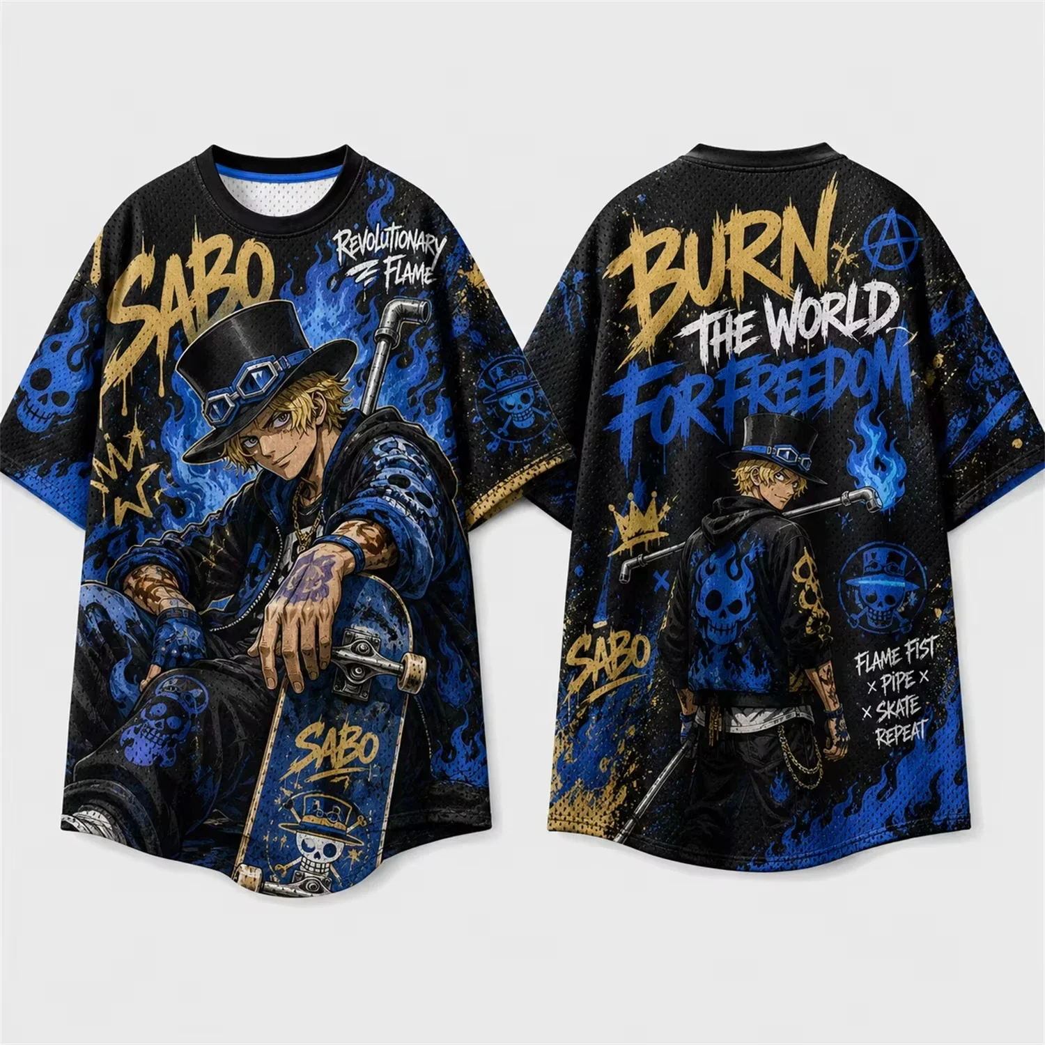 One Piece Luffy Skateboard Graffiti Print Mesh T Shirt For Men Women Fans Loose Breathable Hip Hop Street Casual Short Sleeve To