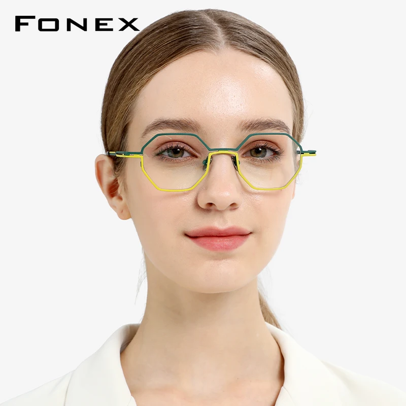 FONEX Pure Titanium Glasses Women Colorful Retro Polygon Eyeglasses 2023 Vintage Eyewear F85767