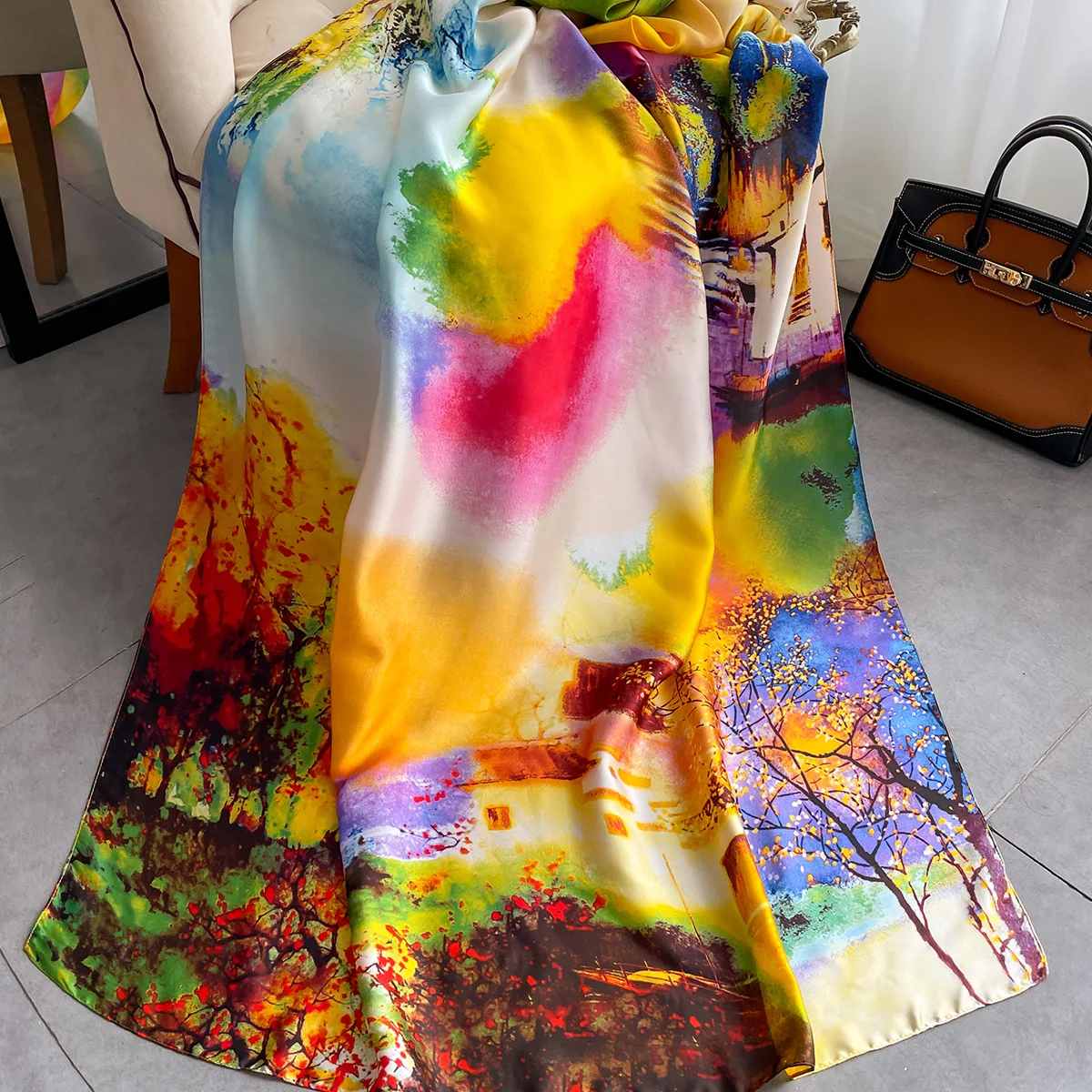 Women\'s Summer Sun Chiffon Scarf Geometric Print Sun Shawl Silk Elegant Beach Color