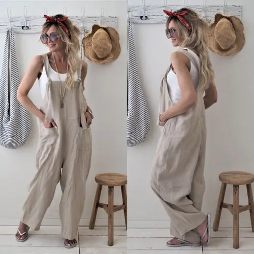 Rompers New Brand Women Casual Loose Cotton Linen Solid Pockets Jumpsuit Overalls Wide Leg Cropped Pants hot