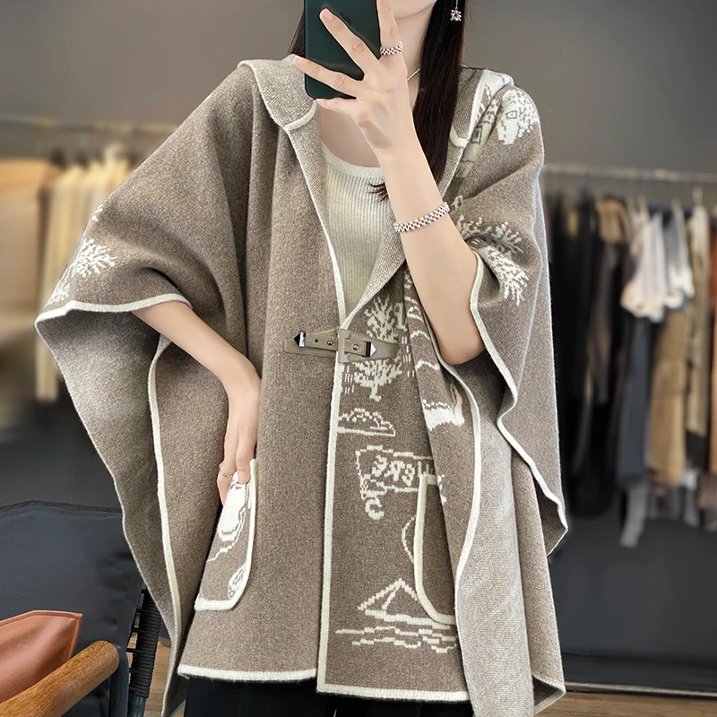 100% Cashmere Shawl Scarf Sweater Women's Fashion Hooded Jacquard Knitting Thickening Thermal Wrap Cardigan Luxury Women Scarf