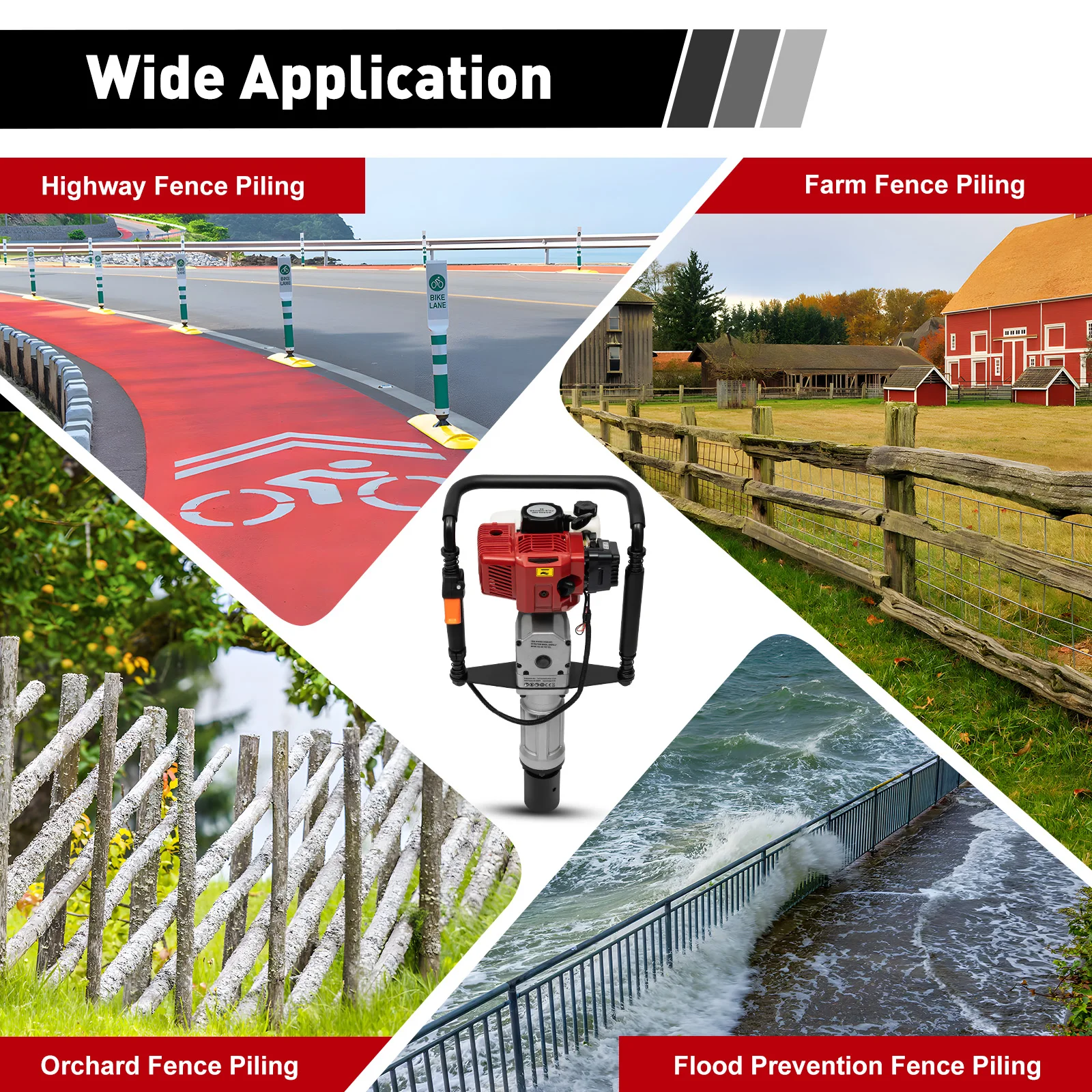 Petrol Post Driver, 1900W 52cc Two-Stroke Engine with Shock Absorption and Safety Lock, for Fences and Ground Rods