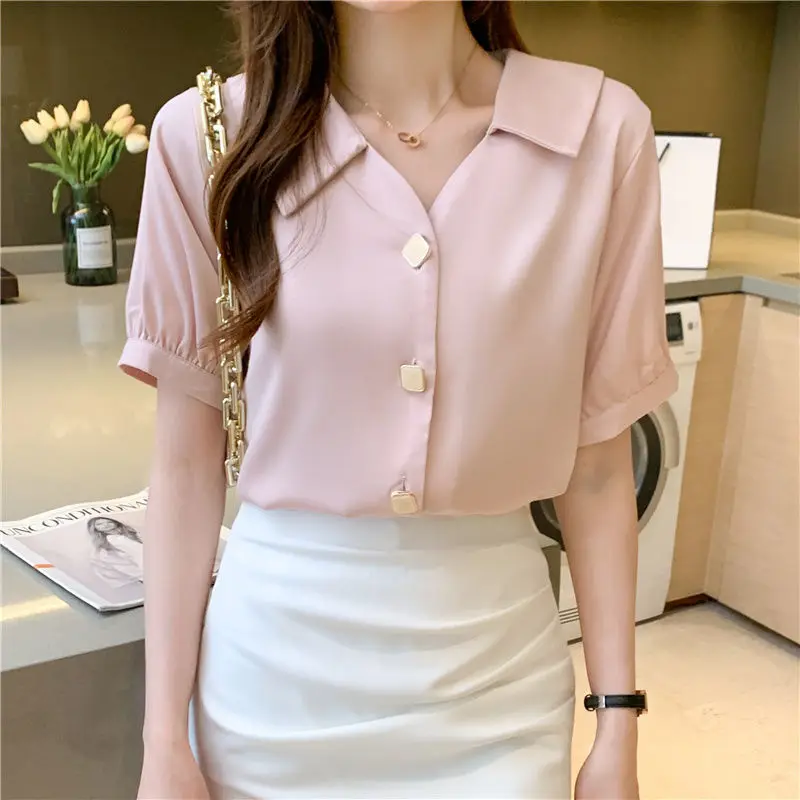 Women\'s Clothing 2023 Fashion Casual Office Lady Loose Solid Thin Summer Turn-down Collar Button Elegant Short Sleeve Blouses