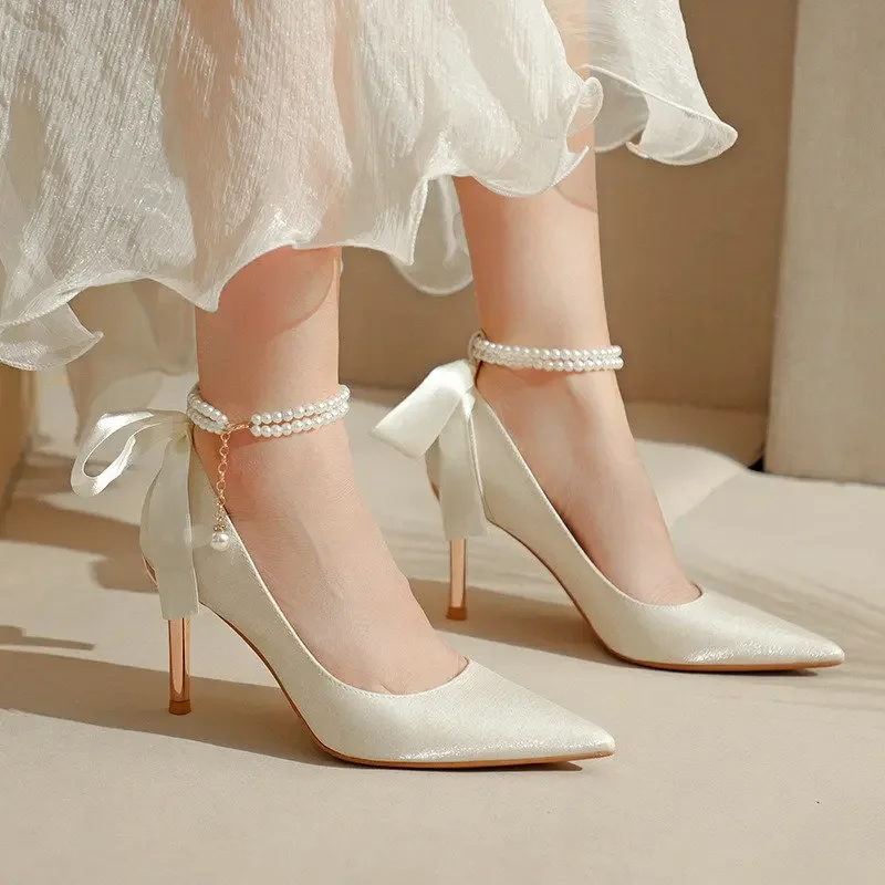 Pointy High Heels Thin Heels 2024 New Bow Pearl Trip Srap Work Shoes Fashion Light Mouth Sexy Shoes