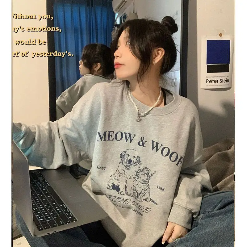 Trendy Korean Retro Personalized Printed Sweatshirt Autumn Winter Women Personalized Simple Y2K Niche Art Round Neck Top Jacket