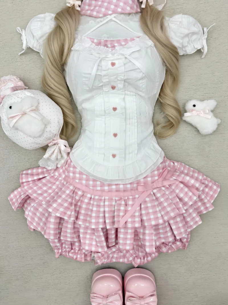 Sweet Soft Girl Bubble Sleeves Neck Splicing Pink Plaid Slim Fit Top Blouse Women's Summer Plaid Fluffy Cake Skirt Set Outfits