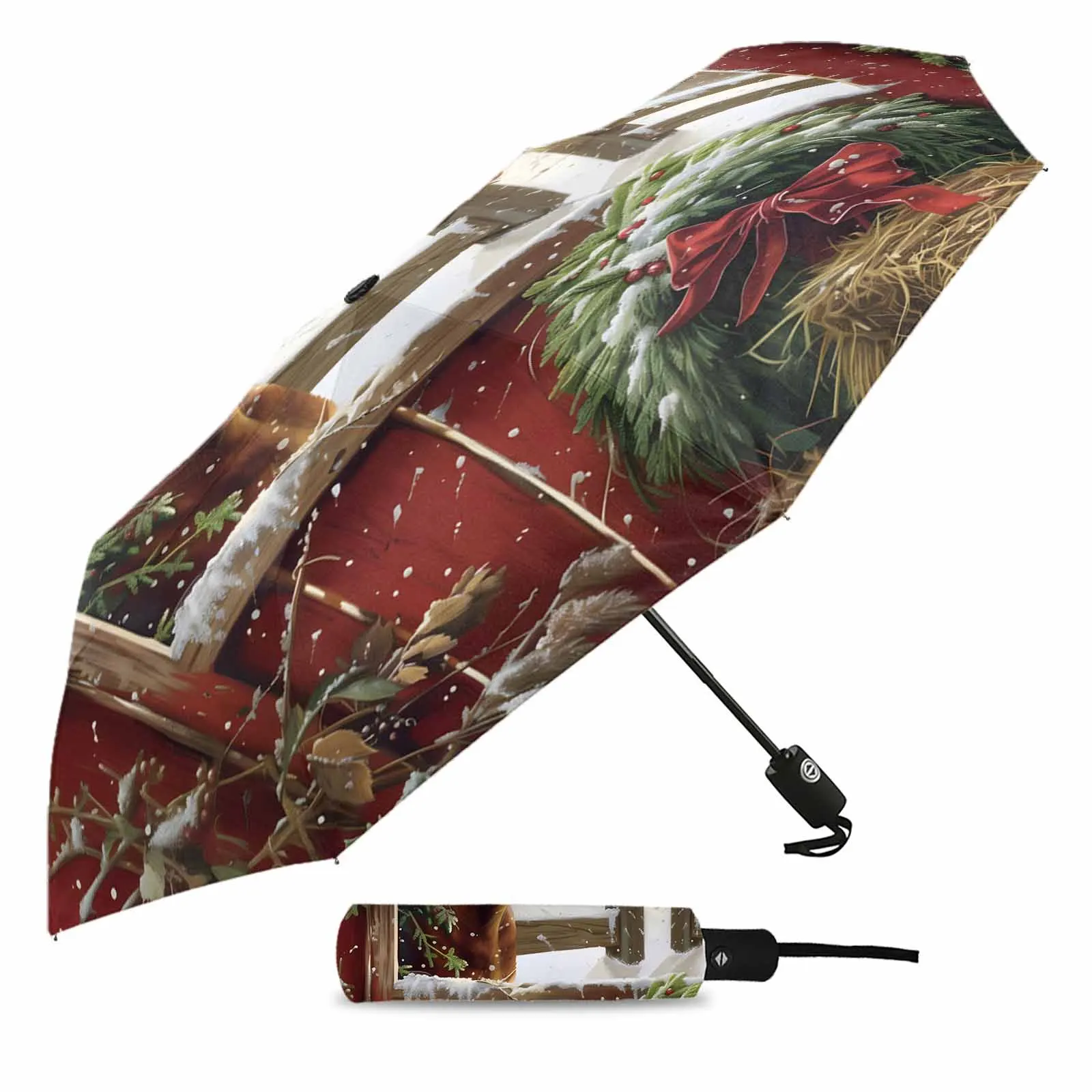 Christmas Winter Holly Red Fruit Fully-automatic Umbrella for Outdoor Kids Adults Umbrella Foldable Eight Strand Umbrella