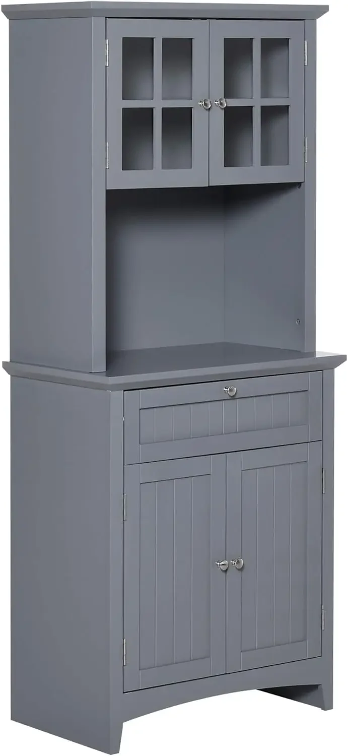 Elegant Buffet with Hutch, Kitchen Pantry Storage Cabinet with Framed Glass Door Drawer and Microwave Space, Grey