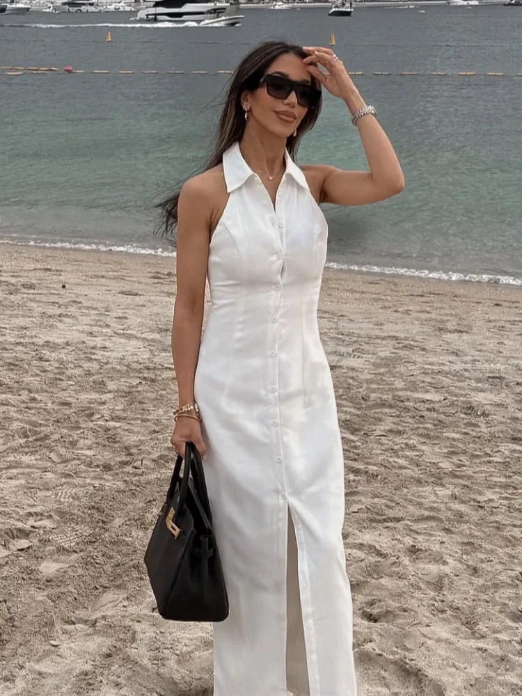 

Chic White Women's Single Breasted Midi Dress Fashion Lapel Collar Sleeveless Skinny Split Vestido 2025 New Female Elegant Robes