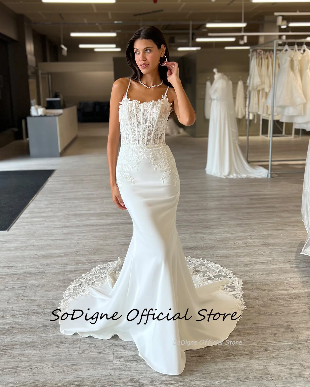 SoDigne Mermaid Satin Boho Wedding Dresses Sleeveless Strapless Appliques Bridal Dress Long Wedding Gown Custom Made ﻿