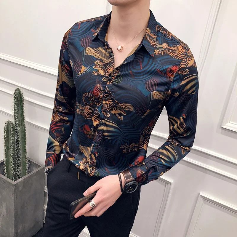 

2024 Men Shirt Long Sleeve Hawaiian Social Luxury Button Up Cardigan Blouses Wholesale Single Breasted Turn-down Collar Broad