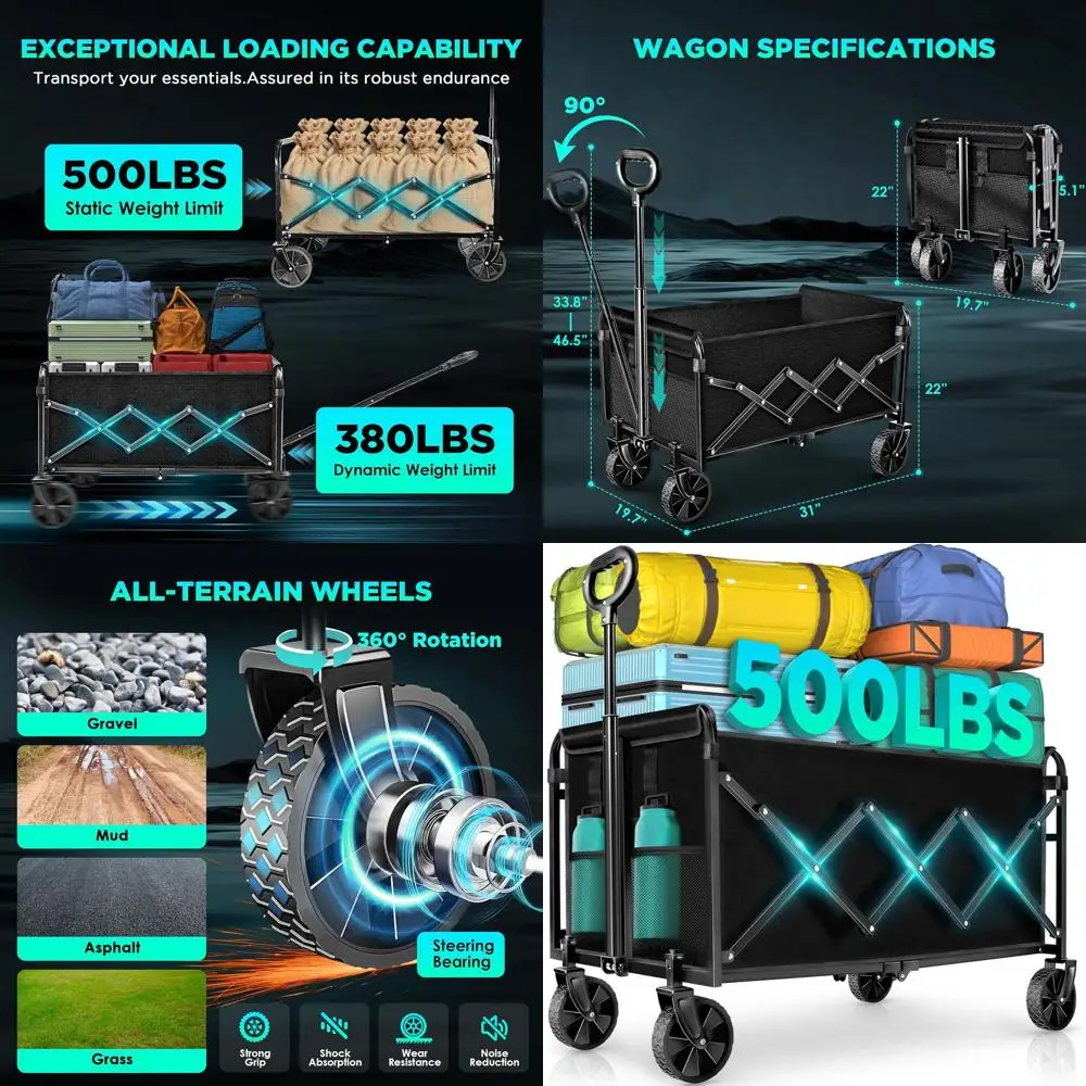 

Foldable Utility Wagon with Large Wheels for Beach, Camping, and Shopping - Black