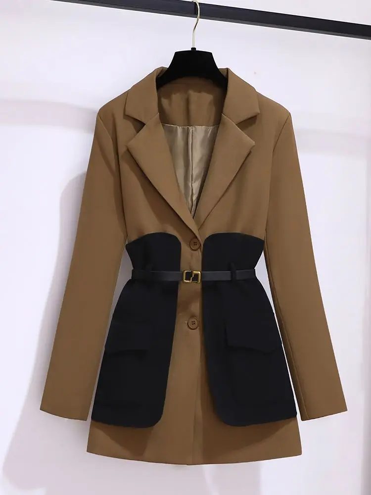 Women\'s Casual Blazer Set Korean Fashion Elegant Autumn Winter New Midi Suit Coat+Black Pants Two-piece Set Femlae Clothing
