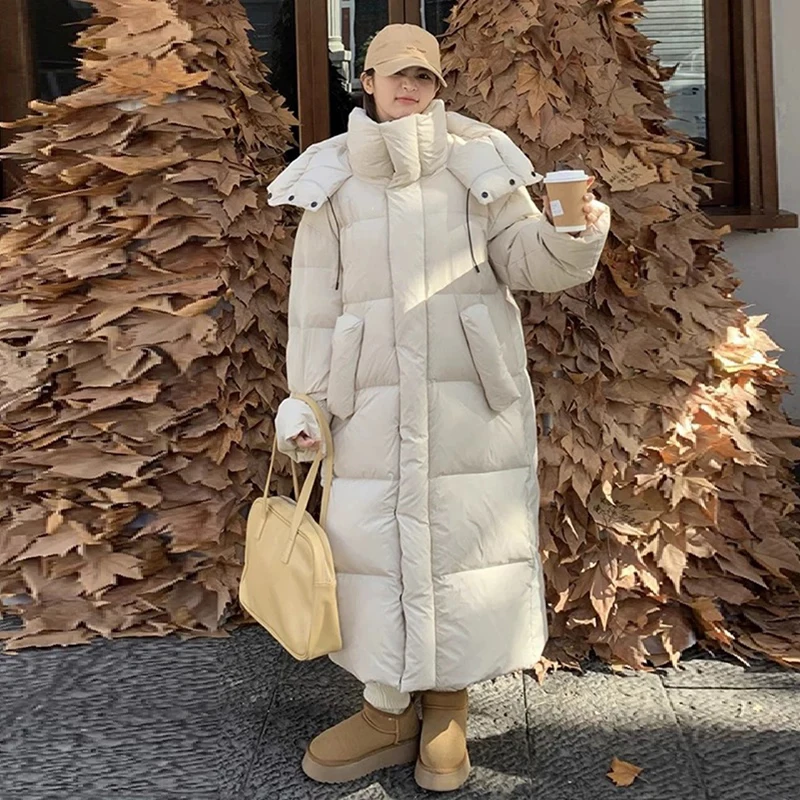

Winter Long Knee Length Hooded Down Jacket Women White Duck Down Thickening Parker Outwears Female Pocket Warm Quilted Jacket