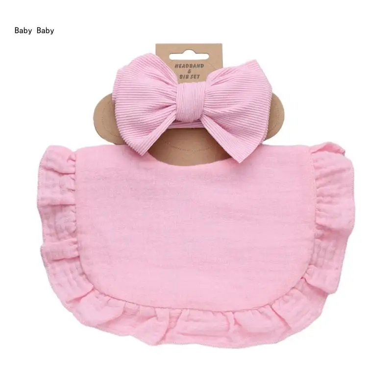 Baby Bibs with Headbands Newborn Bow Hairband with Spit-up Shield set for Babies Q81A