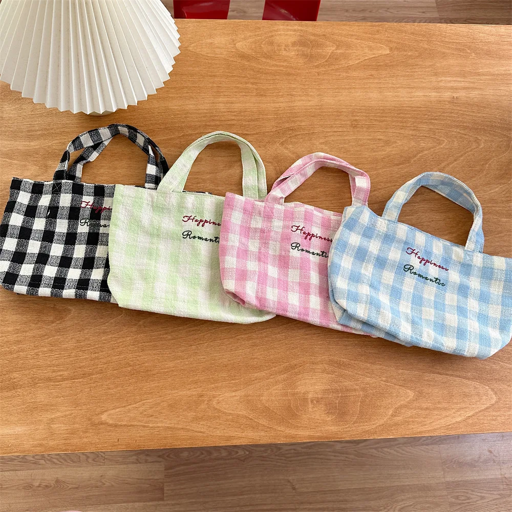 Embroidery Bow Women\'s Plaid Shoulder Bags Sweet Girls Small Book Tote Retro Letter Female Canvas Purse Handbags Daily Bento Bag