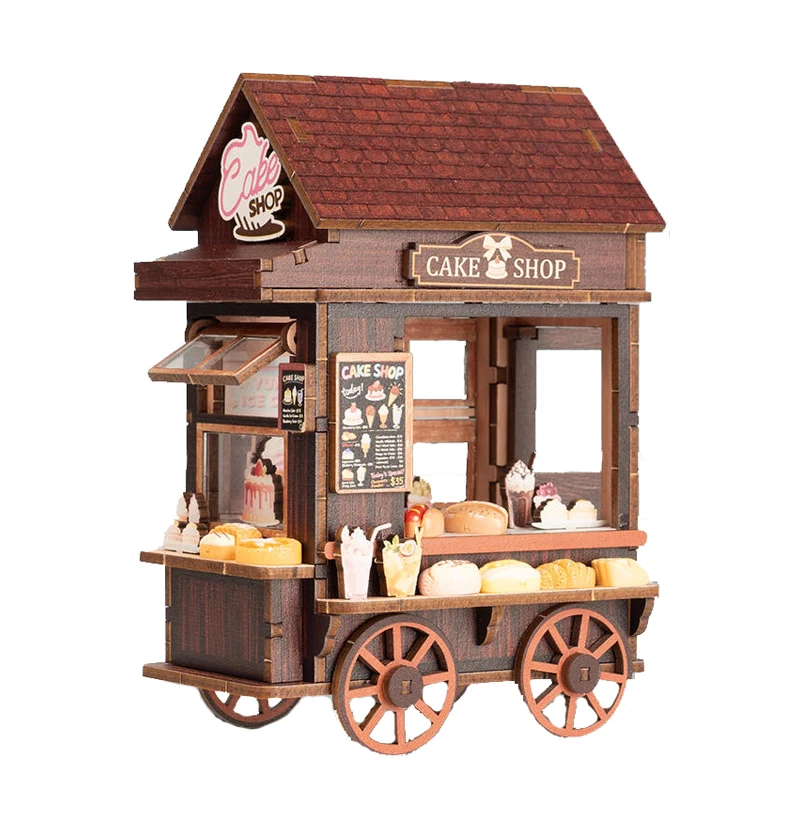 DIY Cake Shop Mini Casa Miniatur-Modellbausätze aus Holz mit LED-Leuchten Puppenhaus mit Möbeln 3D-Puzzle für Freunde Geburtstagsgeschenk