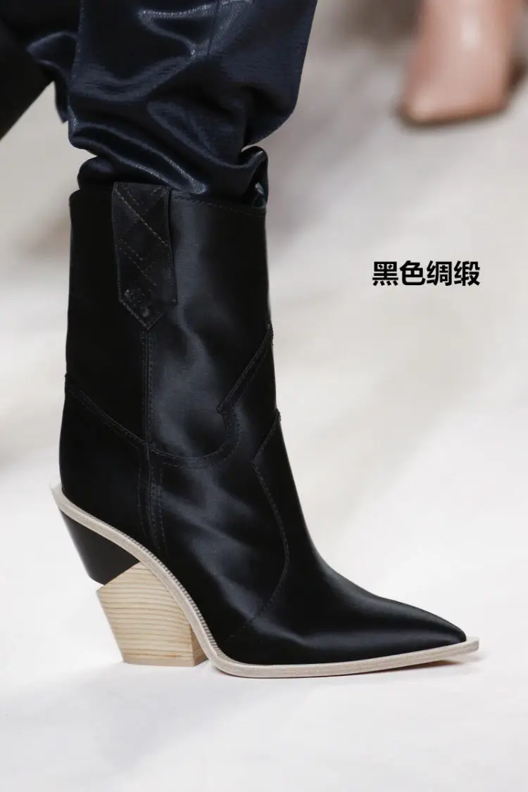 

Groove Grain of Wood Heel Sharply Pointed Toe Embossing Mid-calf Boots Multicolored Sewing Plaid Catwalk Runway Shoes Winter