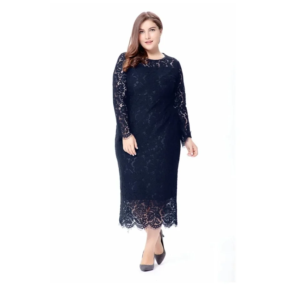 2024 Hot Sale European And American Style Plus Size Hollow Out Lace Full Sleeve Dress For Women