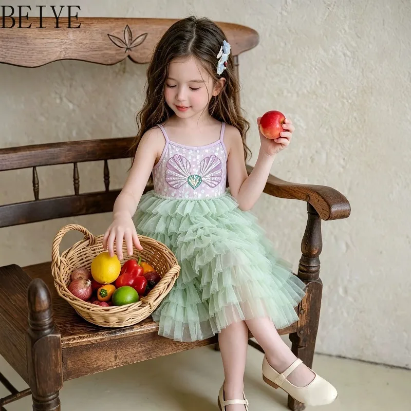 Summer New Vests Camisole Tulle Dresses Baby Kids Sleeveless Cake Dresses Mid-toddler Princess Lolita Style Short Dresses