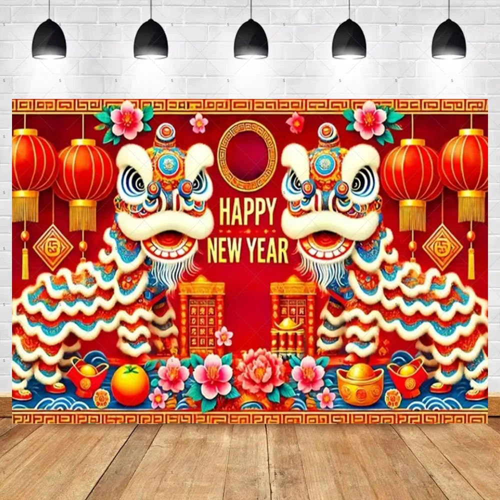 2026 Chineses Happy New Year Background Red Lantern Lion Dance Backdrop Supplies Spring Festival Party Decor Photo Shoot Props