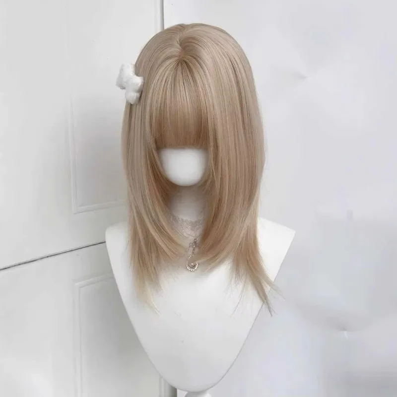 Women Straight Layered White Gold Wig Neat Bangs High Density Synthetic Natural Daily Role Play Party