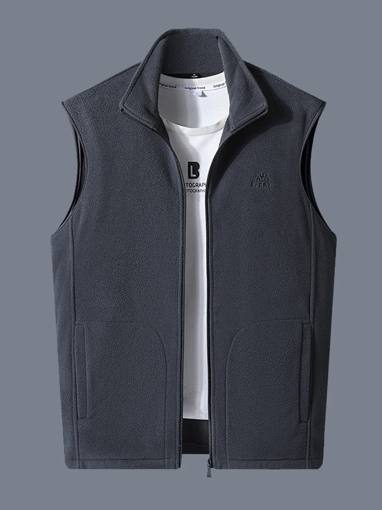 

Vest Adult Style Solid Color Thickened Warm Polar Fleece Men's Autumn Winter Sleeveless Waistcoat Stand Collar Letter Embroidery