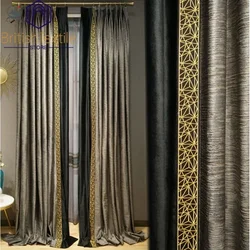 European Velvet Blackout Grey Luxury Curtains for Living Room Tulle Vintage Golden Lace Stitching Bedroom Custom Dining Room