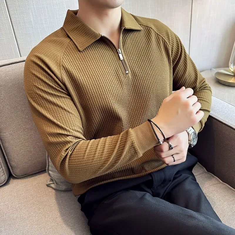 

Men's Half Zippered Polo Shirt, Spring and Autumn Long Sleeved V-neck T-shirt, Elastic Thickened Casual Business Jacket