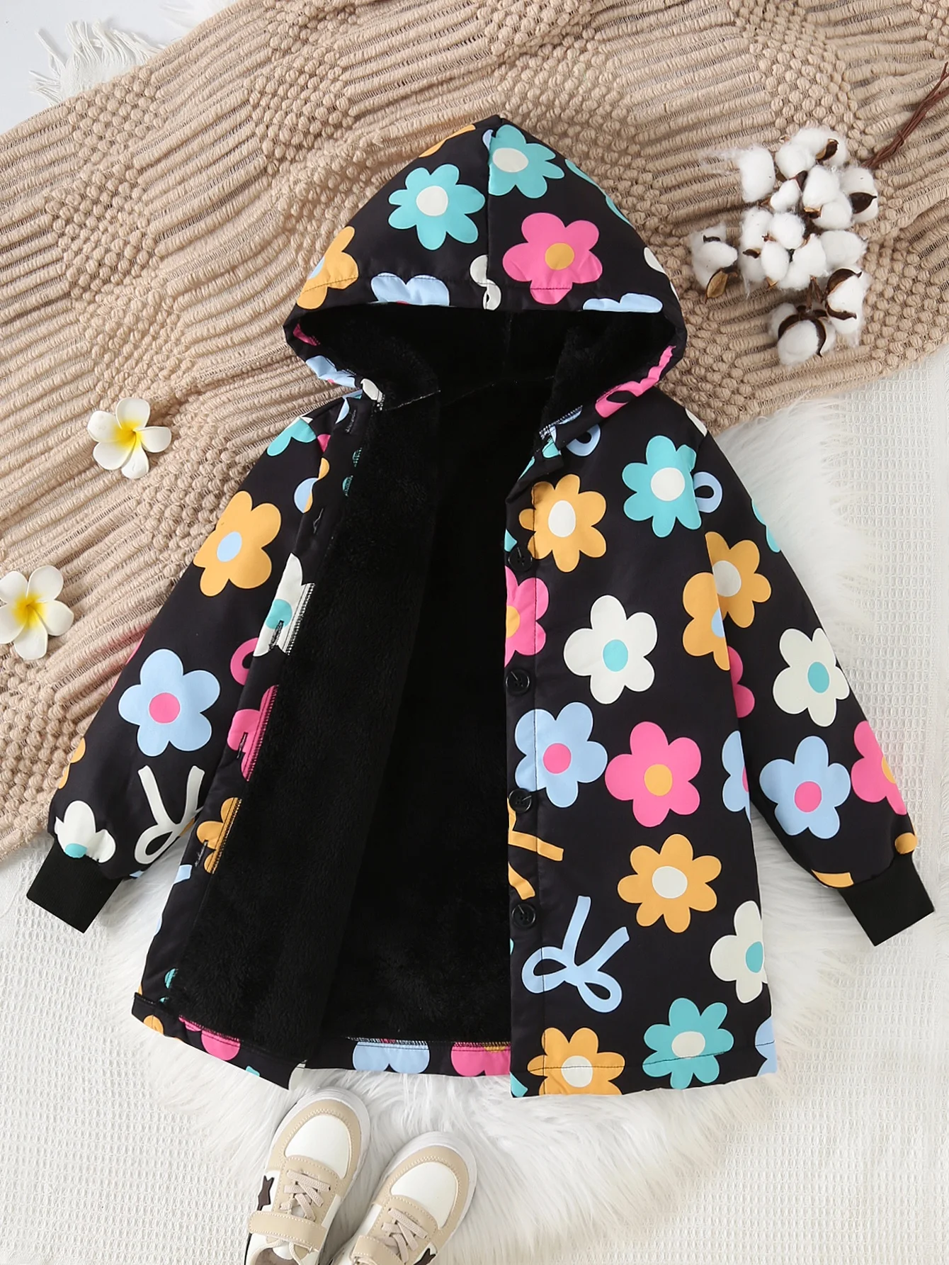 Langärmlige Jacke für Mädchen im Herbst und Winter mit dicker Samt- und Kapuzenjacke mit Blumendruck. Modische Freizeitjacke
